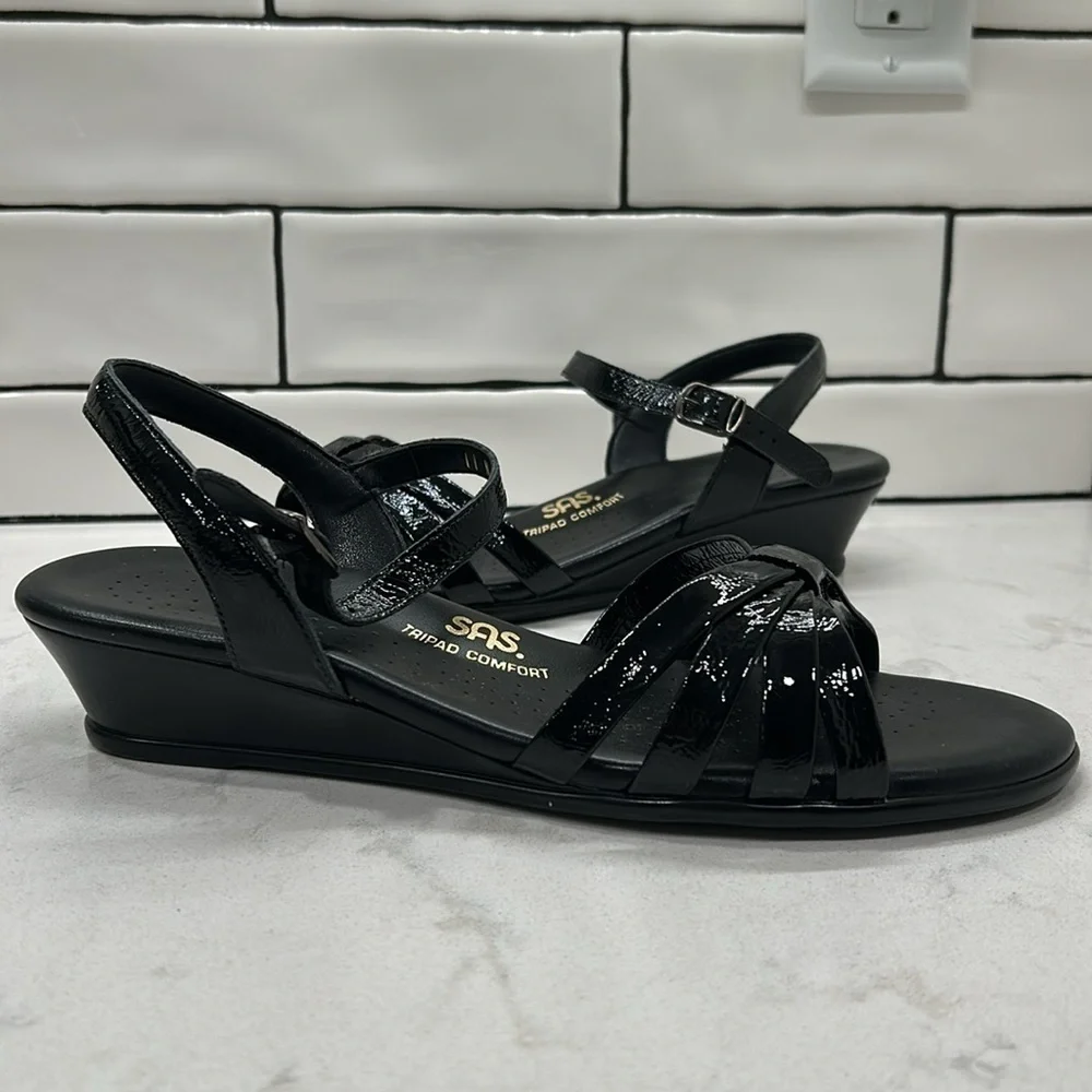 SAS Strippy Quarter Strap Wedge Sandal Women's Stylish Black Patent Size 9